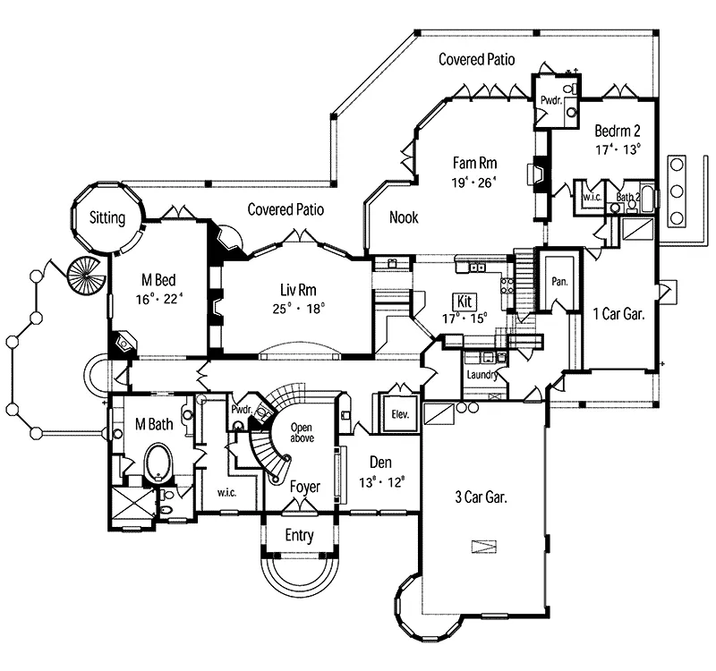 Santa Fe House Plan First Floor - Winston Park Spanish Home 047D-0068 - Shop House Plans and More