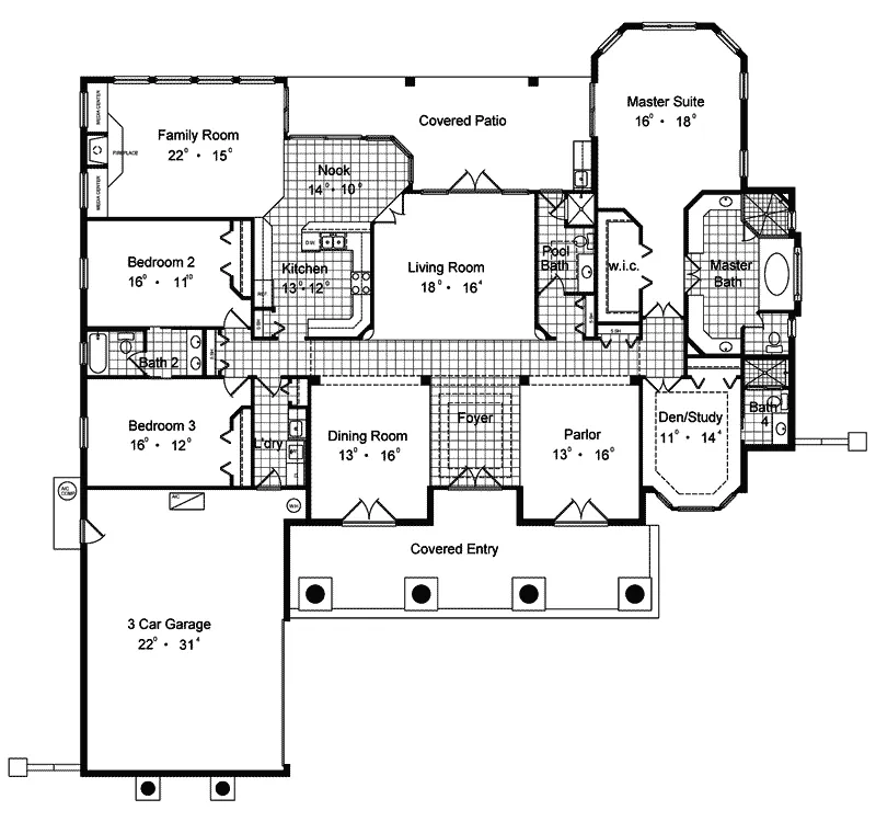 Santa Fe House Plan First Floor - Cape Romano Spanish Style Home 047D-0197 - Search House Plans and More