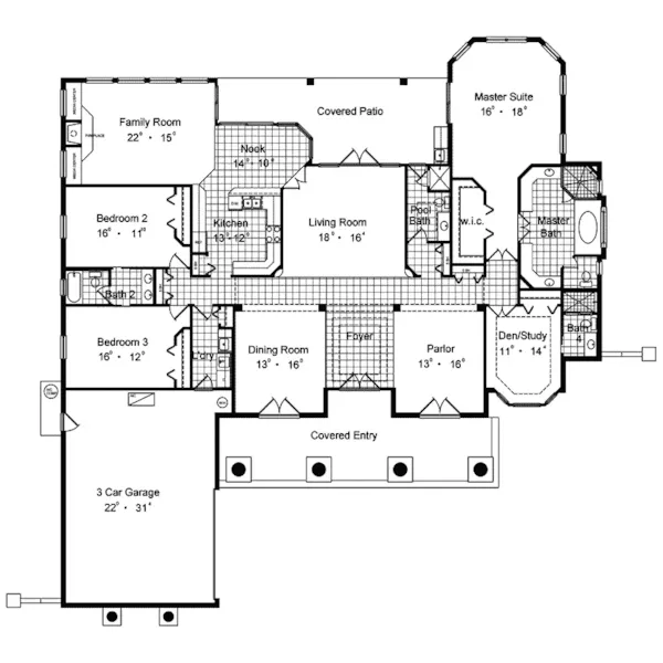 Santa Fe House Plan First Floor - Cape Romano Spanish Style Home 047D-0197 - Search House Plans and More