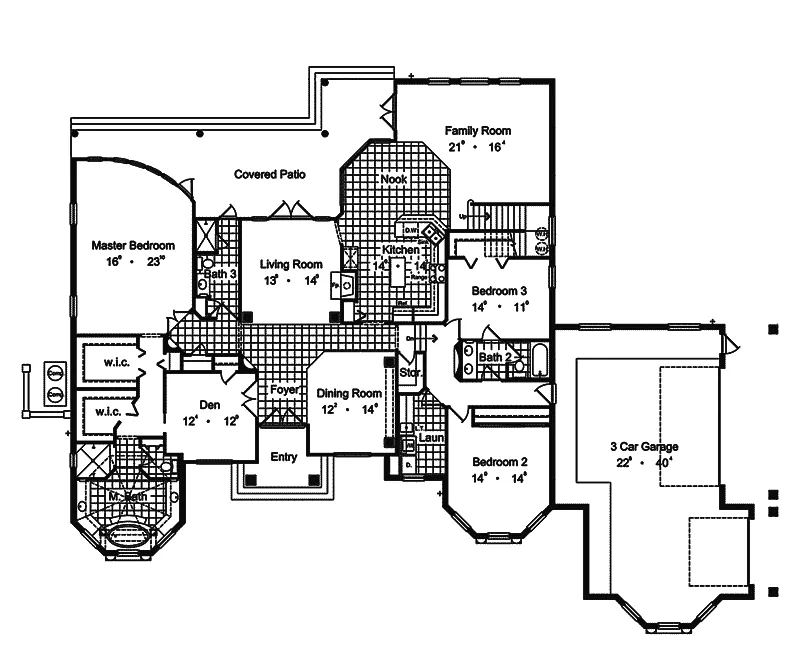 Mediterranean House Plan First Floor - Juno Beach Southwestern Home 047D-0199 - Search House Plans and More