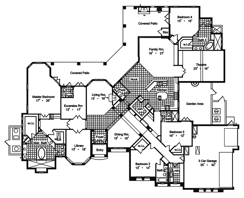 Ranch House Plan First Floor - La Malone Mediterranean Home 047D-0202 - Shop House Plans and More