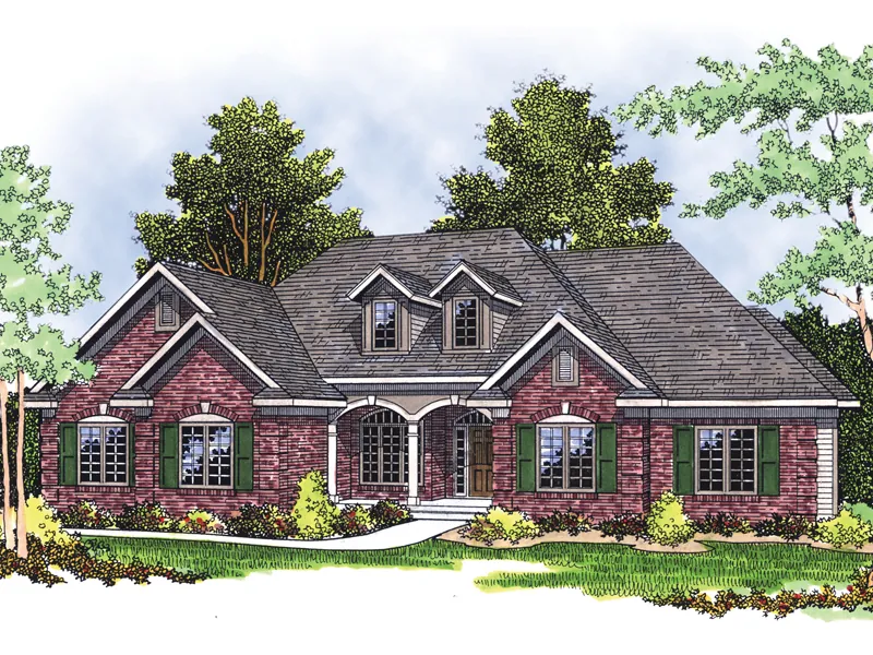 Traditional Brick Ranch Home With Twin Dormers And Covered Porch