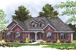 Traditional Brick Ranch Home With Twin Dormers And Covered Porch