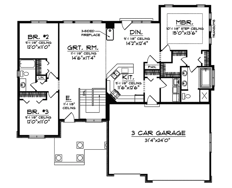 Arts & Crafts House Plan First Floor - Dabney Pond Ranch Home 051D-0347 - Search House Plans and More