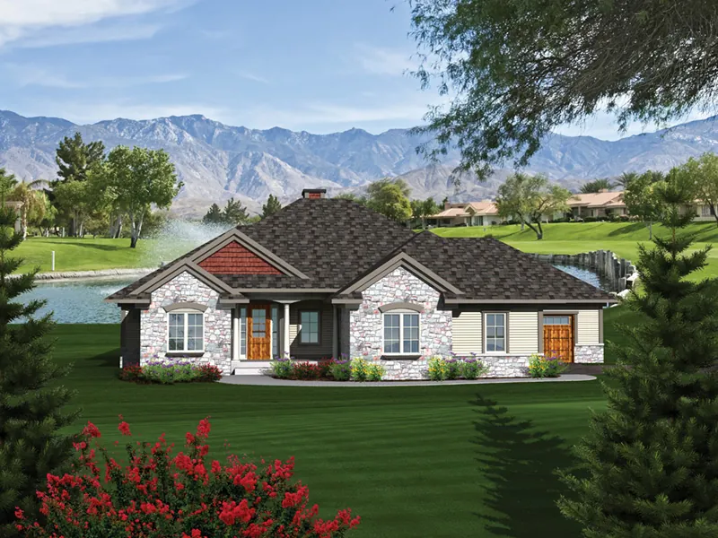 Shingle House Plan Front of Home - Cambria Cove Ranch Home 051D-0681 - Search House Plans and More