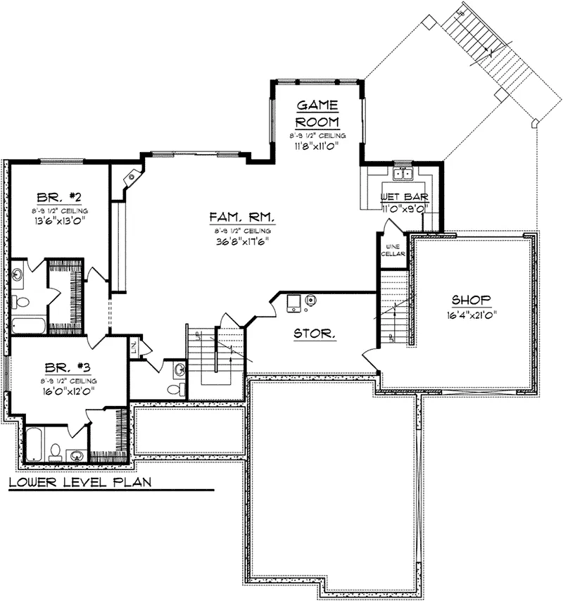 Shingle House Plan Lower Level Floor - White Oak Lane Ranch Home 051D-0775 - Shop House Plans and More