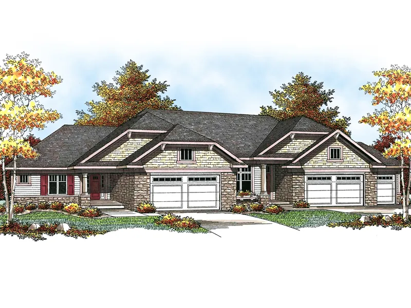 Craftsman Style Multi-Family Plan With Hip Roof Design