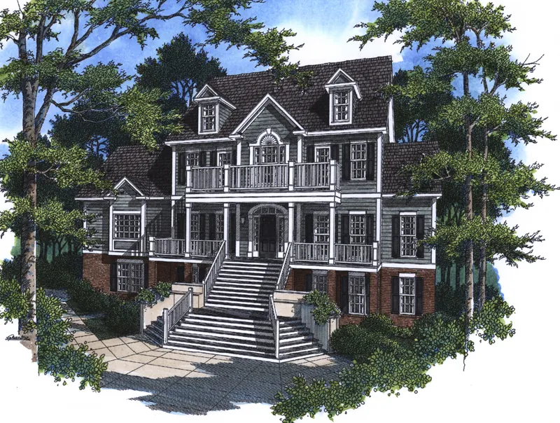 Two-Story Southern Plantation House With Grand Front Staircase