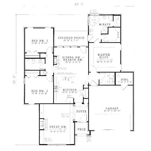 Ranch House Plan First Floor - Eatherton Traditional Home 055D-0043 - Search House Plans and More