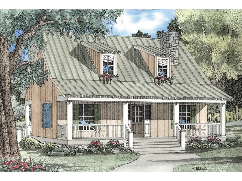Cozy Cabin Style With metal Roof And Covered Front Porch