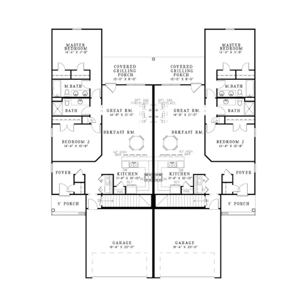 Multi-Family House Plan First Floor - Delonta Ranch Style Duplex 055D-0078 - Search House Plans and More