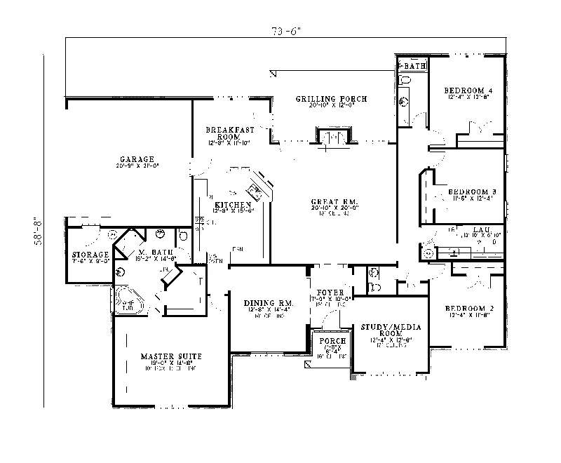 Ranch House Plan First Floor - Douglas Manor Traditional Home 055D-0108 - Search House Plans and More