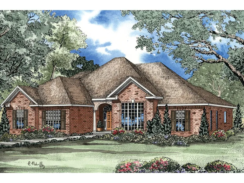 Warm Home Plan With Arched Entry 