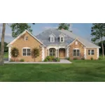 Brick Ranch Home With Corner Quoins And Arched Soffit On The Covered Front Porch