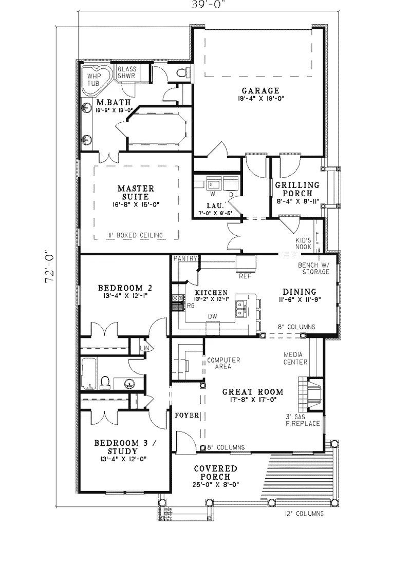 Ranch House Plan First Floor - Milburn Acres Narrow Lot Home 055D-0311 - Shop House Plans and More