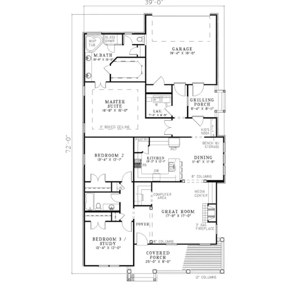 Country House Plan First Floor - Milburn Acres Narrow Lot Home 055D-0311 - Shop House Plans and More