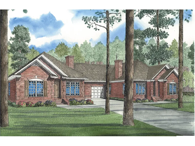 All Brick Ranch Multi-Family Plan With Stylish Gables