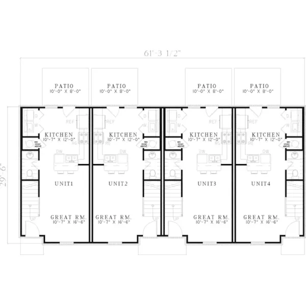 Multi-Family House Plan First Floor - Donoho Place 2-Story Fourplex 055D-0401 - Search House Plans and More