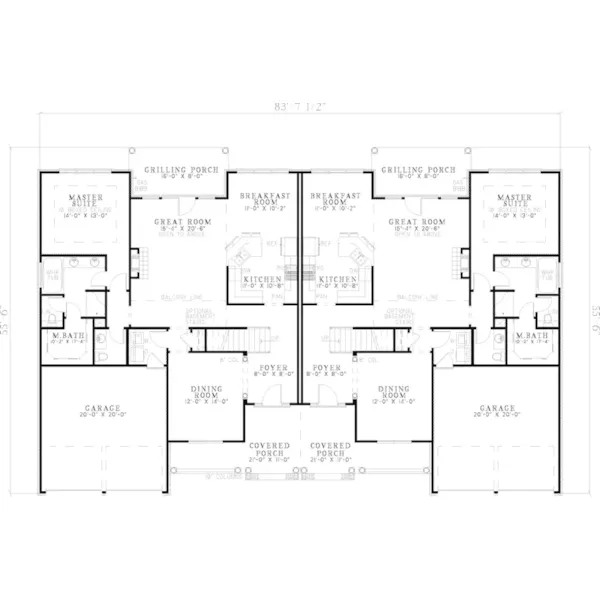 Traditional House Plan First Floor - Montevallo Shingle Duplex 055D-0402 - Shop House Plans and More