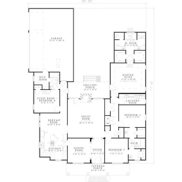 Country House Plan First Floor - Fernbrook Ranch Home 055D-0442 - Search House Plans and More