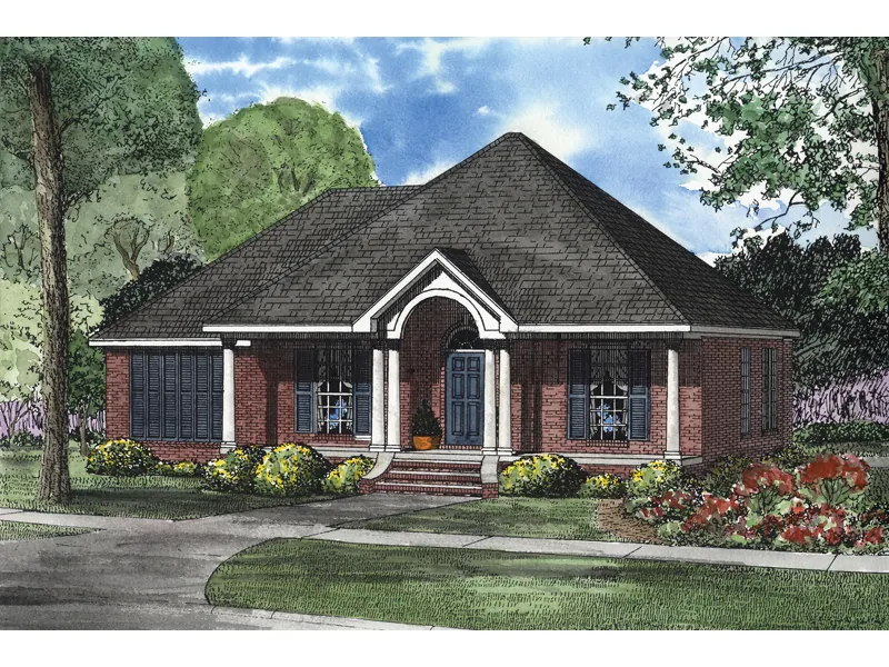 Brick Ranch With Dramatic Arched Columned Entry