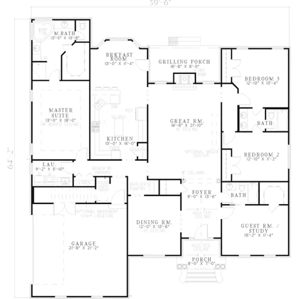 Arts & Crafts House Plan First Floor - Dresden Lake Ranch Home 055D-0594 - Search House Plans and More