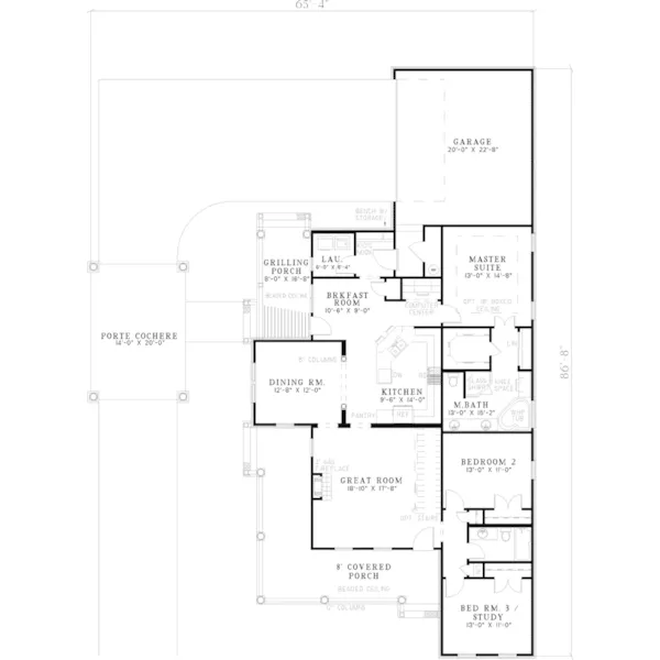 Southern House Plan First Floor - Longfort Country Ranch Home 055D-0658 - Shop House Plans and More