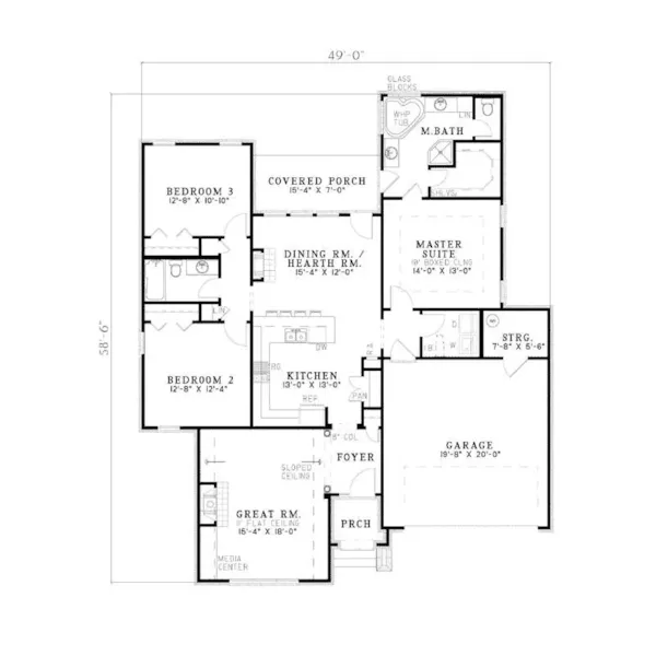 Traditional House Plan First Floor - Hays Hill Narrow Lot Ranch Home 055D-0734 - Search House Plans and More