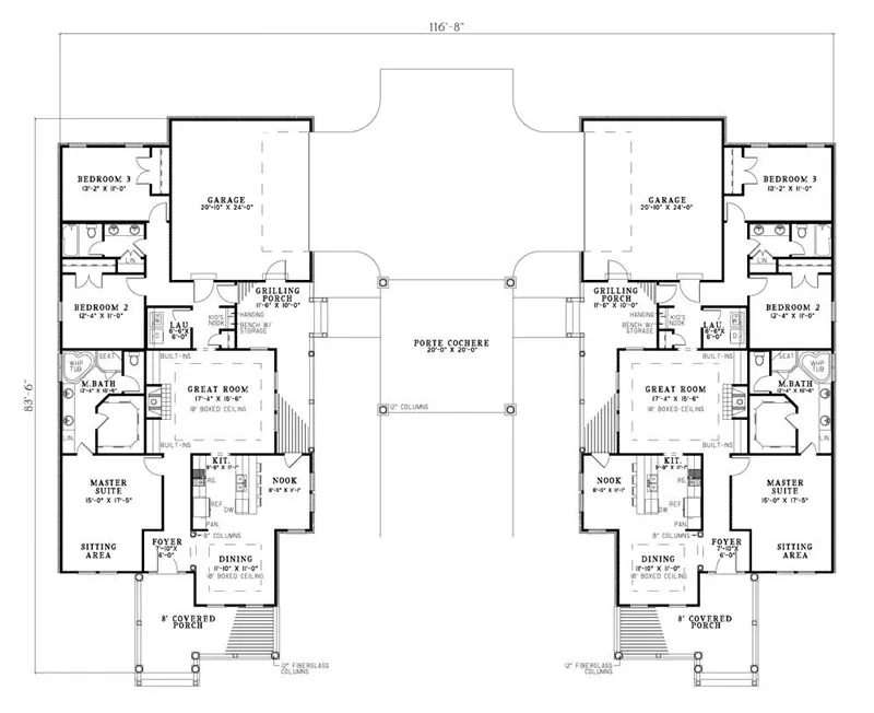 Multi-Family House Plan First Floor - Hillcrest Place Cozy Duplex 055D-0753 - Search House Plans and More