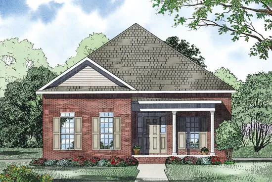 Ranch House Plan Front of Home - Hawkins Corner Narrow Lot Home 055D-0869 - Search House Plans and More