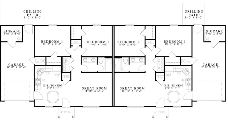 Multi-Family House Plan First Floor - Bordeau Ranch Duplex Home 055D-0874 - Search House Plans and More