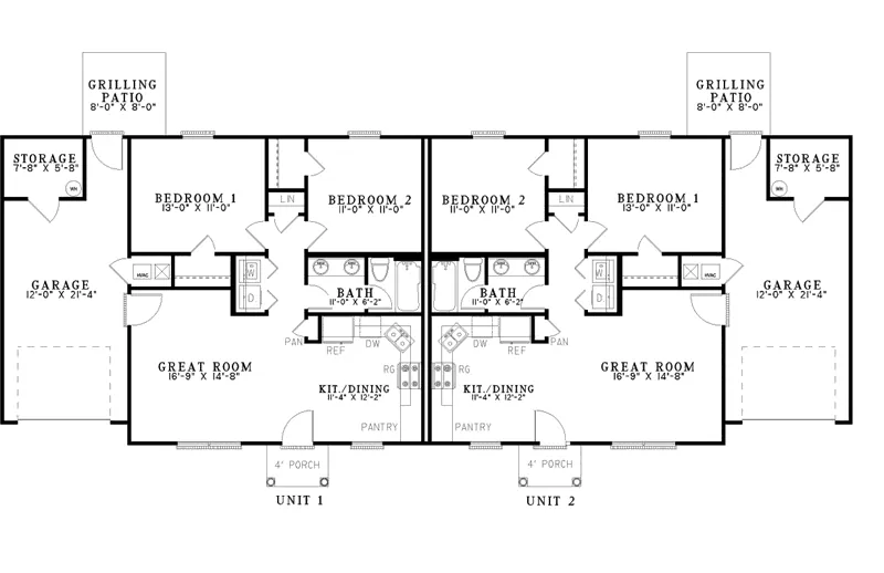 Multi-Family House Plan First Floor - Hallmark Classic Ranch Duplex 055D-0890 - Search House Plans and More