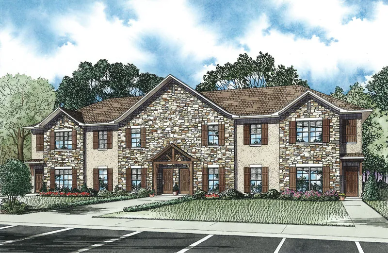 Multi-Family House Plan Front of Home - Kirlin Rustic Stone Fourplex 055D-0896 - Search House Plans and More