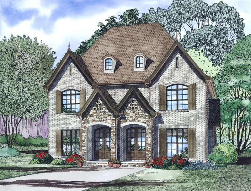 Country French House Plan Front of Home - Mockingbird Hill Duplex Home 055D-1013 - Shop House Plans and More
