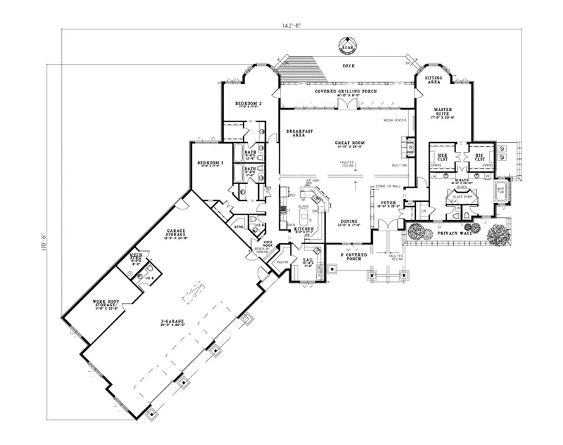 Ranch House Plan First Floor - Oriole Point Rustic Luxury Home 055S-0119 - Shop House Plans and More