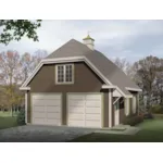 Two-car garage has Country style thanks to the hip roof design and roof cupola