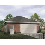 Two-car garage design has entry door and hip roof design