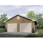 Gabled two-car garage has two separate garage doors and brick exterior