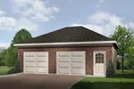 Two-car garage has two separate garage doors and hip roof design