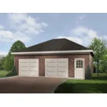 Two-car garage has two separate garage doors and hip roof design