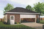 Two-car garage has hip roof design and entry door