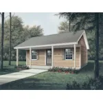 Country style cabin has rustic front porch columns and centered front door