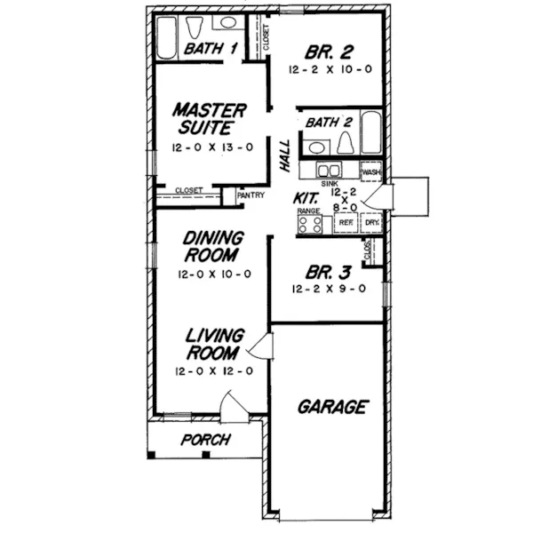 Ranch House Plan First Floor - Tibbets Narrow Lot Home 060D-0122 - Shop House Plans and More