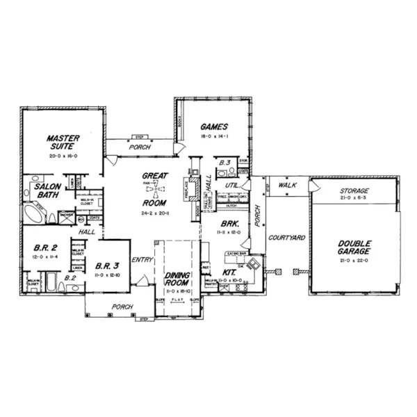 Ranch House Plan First Floor - Astor Country Ranch Home 060D-0301 - Shop House Plans and More