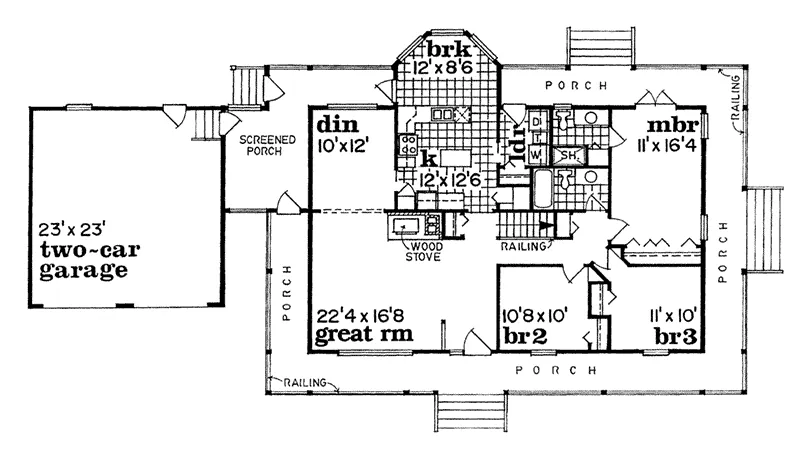 Acadian House Plan First Floor - Caldean Country Ranch Home 062D-0041 - Search House Plans and More
