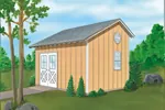 This saltbox storage shed has side double doors and a roomy interior 