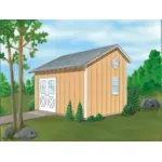 This saltbox storage shed has side double doors and a roomy interior 