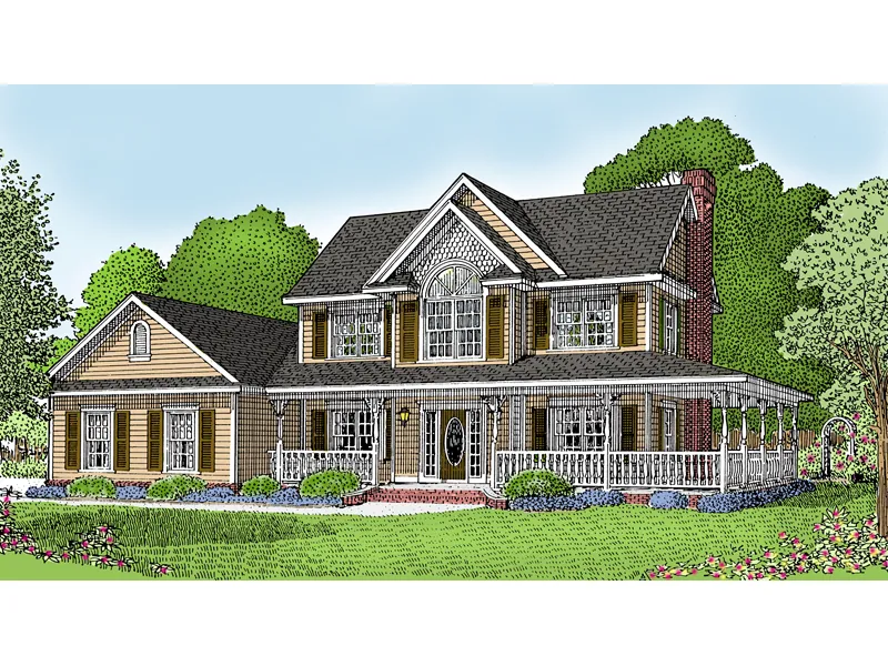 Country Farmhouse With two Stories And Covered Porch