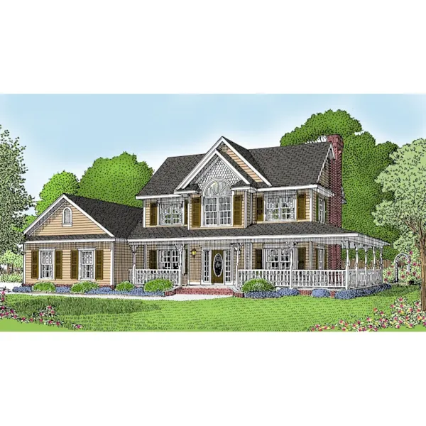 Country Farmhouse With two Stories And Covered Porch