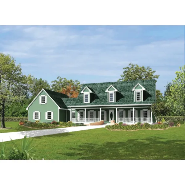 Country Style House With Covered Front Porch And Triple Dormers